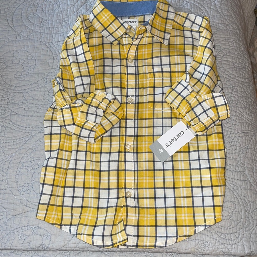 NWT 4T Carter’s yellow, navy & white plaid shirt